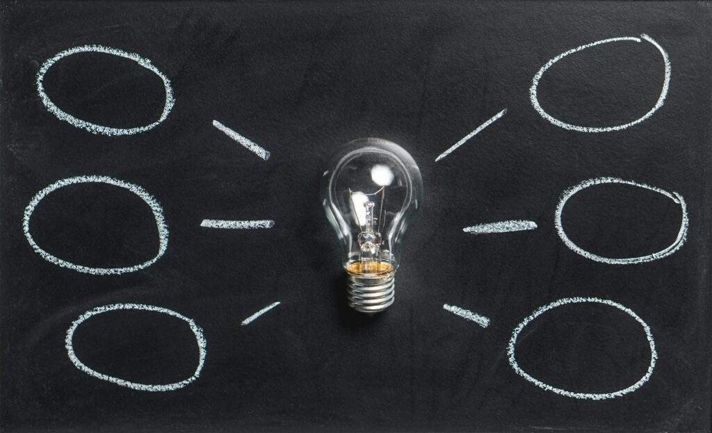 A lightbulb on a chalkboard symbolizes creativity, innovation, and ideas.